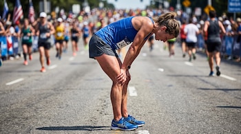 Una mujer con ropa deportiva azul está inclinada tocando sus rodillas en una calle asfaltada con corredores al fondo.