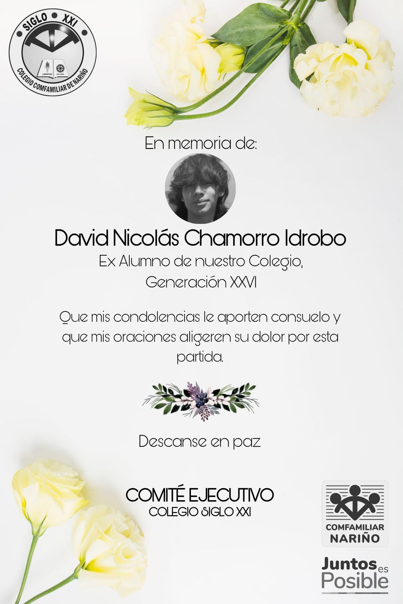 David Nicolás Chamorro Idrobo muerto en travesía por el volcán Galeras - crédito Colegio Comfamiliar De Nariño Siglo XXI/Facebook