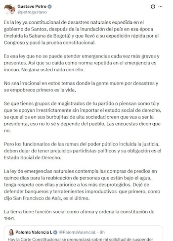 El presidente Petro respondió defendiendo la legalidad de los decretos y los enmarcó dentro de una normativa previa sobre desastres naturales - crédito @petrogustavo/X