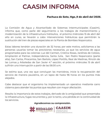 El servicio se suspenderá a partir del 15 de abril a las 6:00 (CAASIM)