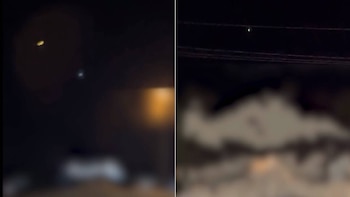 Imagen dividida con dos puntos de luz en el cielo nocturno a la izquierda y un destello tenue sobre cables eléctricos a la derecha