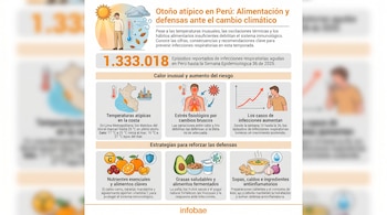 Infografía detallando el otoño atípico en Perú, con ilustraciones de cambios de temperatura, número de IRA y alimentos recomendados para fortalecer defensas.