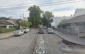 Vista de una calle residencial arbolada con autos estacionados y casas con cercas en Mar del Plata. El nombre de la calle 'Carlos Alvear' se ve en el pavimento