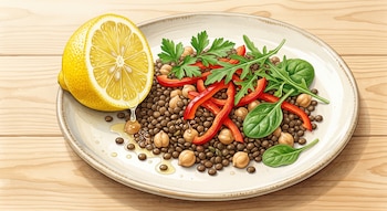 Un plato cerámico sobre madera con lentejas, garbanzos, pimiento rojo, hojas verdes y medio limón que suelta gotas de jugo