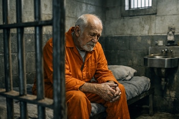 Hombre mayor con barba blanca y uniforme naranja sentado en un catre dentro de una celda de prisión, con barrotes y un lavabo.