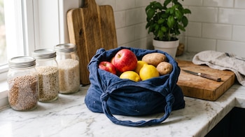 Bolsa de tela azul con manzanas, limones y papas sobre una mesada de mármol junto a tres frascos de vidrio con legumbres y cereales.
