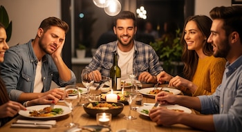 Grupo de cinco amigos cenando en una mesa con platos de comida, vasos y velas; uno de los hombres se ve agotado apoyando la cabeza en su mano, mientras los demás sonríen y conversan.