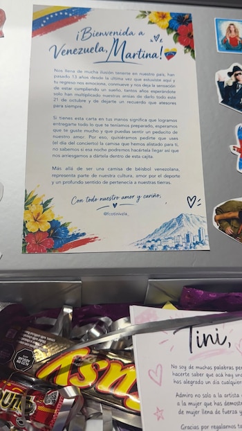 Una caja abierta contiene cartas impresas con mensajes de bienvenida para Martina, golosinas empaquetadas, cintas y calcomanías en la tapa