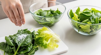Mano esparciendo sal sobre espinacas y lechugas en una tabla. Se ven cuencos con hojas de espinaca en agua y una ensaladera con hojas frescas.
