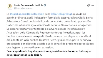 La Corte Suprema de Justicia abrió indagación formal a la excongresista Gloria Elena Arizabaleta Corral - crédito @CorteSupremaJ/X