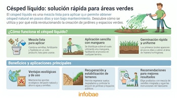Infografía con ilustraciones de una persona aplicando césped líquido con manguera, diagramas de germinación y raíces, y gráficos de sus beneficios ecológicos.
