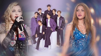 Composición visual difuminada que muestra a Madonna con micrófono a la izquierda, el grupo BTS posando en el centro y Shakira con top azul brillante a la derecha.