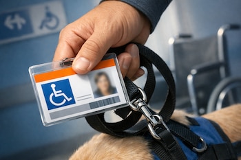 Mano de persona adulta sostiene credencial de discapacidad y correa de perro de asistencia; silla de ruedas y señal de accesibilidad en el fondo.