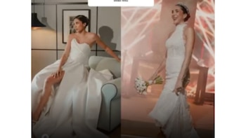 En los momentos más formales, optó por un vestido de gala elegante con falda amplia y abertura lateral, manteniendo una estética de novia clásica - crédito @daniela_ospina5/ Instagram