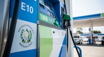 Un surtidor de gasolina blanco y azul con etiqueta E10, muestra el emblema del Ministerio de Energía y Minas de Guatemala y el texto "MAILELDAL CUNEA".