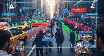 Calle de Nueva York con peatones y taxis amarillos, superpuesta con gráficos de realidad aumentada que muestran alertas de tráfico, metro y tiempos de espera de ferry.