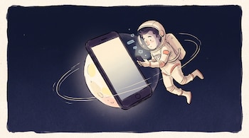 Dibujo de un astronauta en el espacio exterior flotando cerca de un teléfono móvil gigante, junto a íconos de mensajes y corazones.