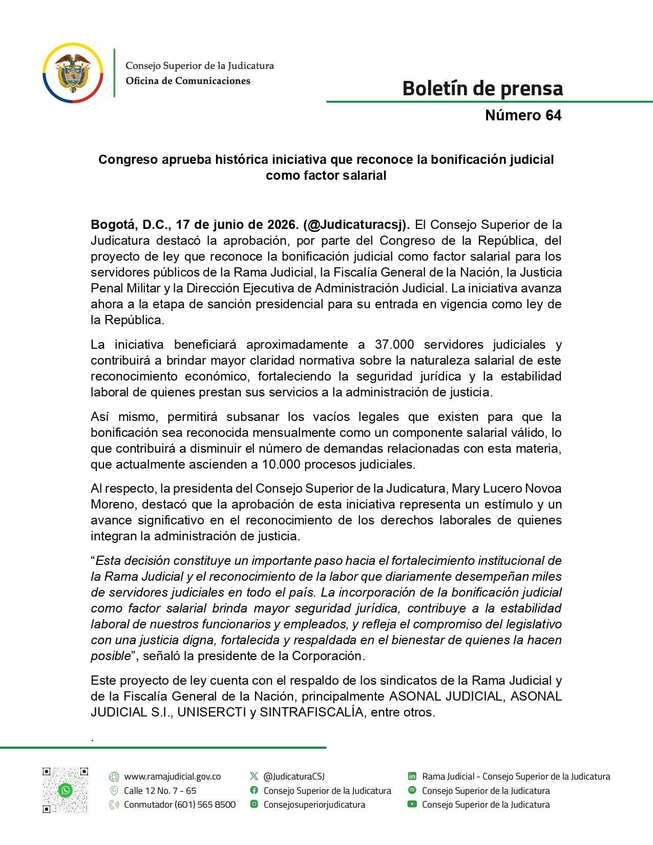Servidores de la Rama Judicial verán reflejado un cambio en sus condiciones salariales tras la reciente decisión legislativa. - crédito @judicaturacsj/X