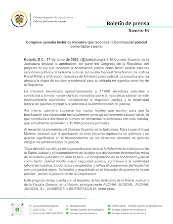 Servidores de la Rama Judicial verán reflejado un cambio en sus condiciones salariales tras la reciente decisión legislativa. - crédito @judicaturacsj/X