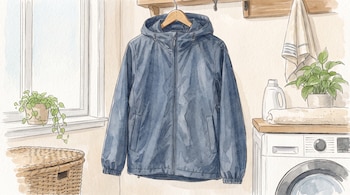 Chaqueta azul colgada de una percha de madera en un lavadero con una lavadora, plantas y una cesta de mimbre.