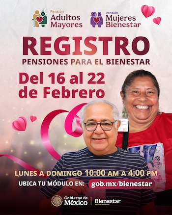 Mujeres de 60 a 64 años pueden acudir este fin de semana a los módulos de la Secretaría de Bienestar para registrarse a la Pensión Mujeres Bienestar 2026 y recibir el apoyo bimestral de 3 mil 100 pesos a través del Banco del Bienestar