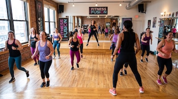 Varias mujeres con ropa deportiva ejercitan en un salón de piso de madera con espejos, grandes ventanas y carteles de Fitness Fusion.
