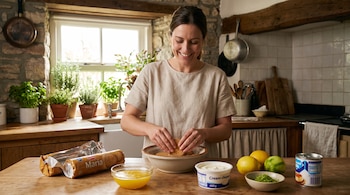 Mujer triturando galletas en un bol, con galletas María, mantequilla derretida, queso crema, limones, ralladura y leche condensada sobre una mesa de madera.