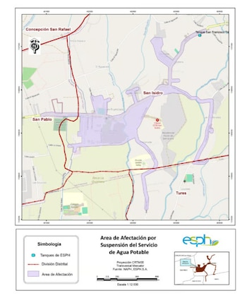 Estas son las zonas afectadas por el corte de agua potable previsto para este día en San Isidro, donde se ha dejado sin servicio a 4,160 personas por la limpieza del tanque T4./ (ESPH)