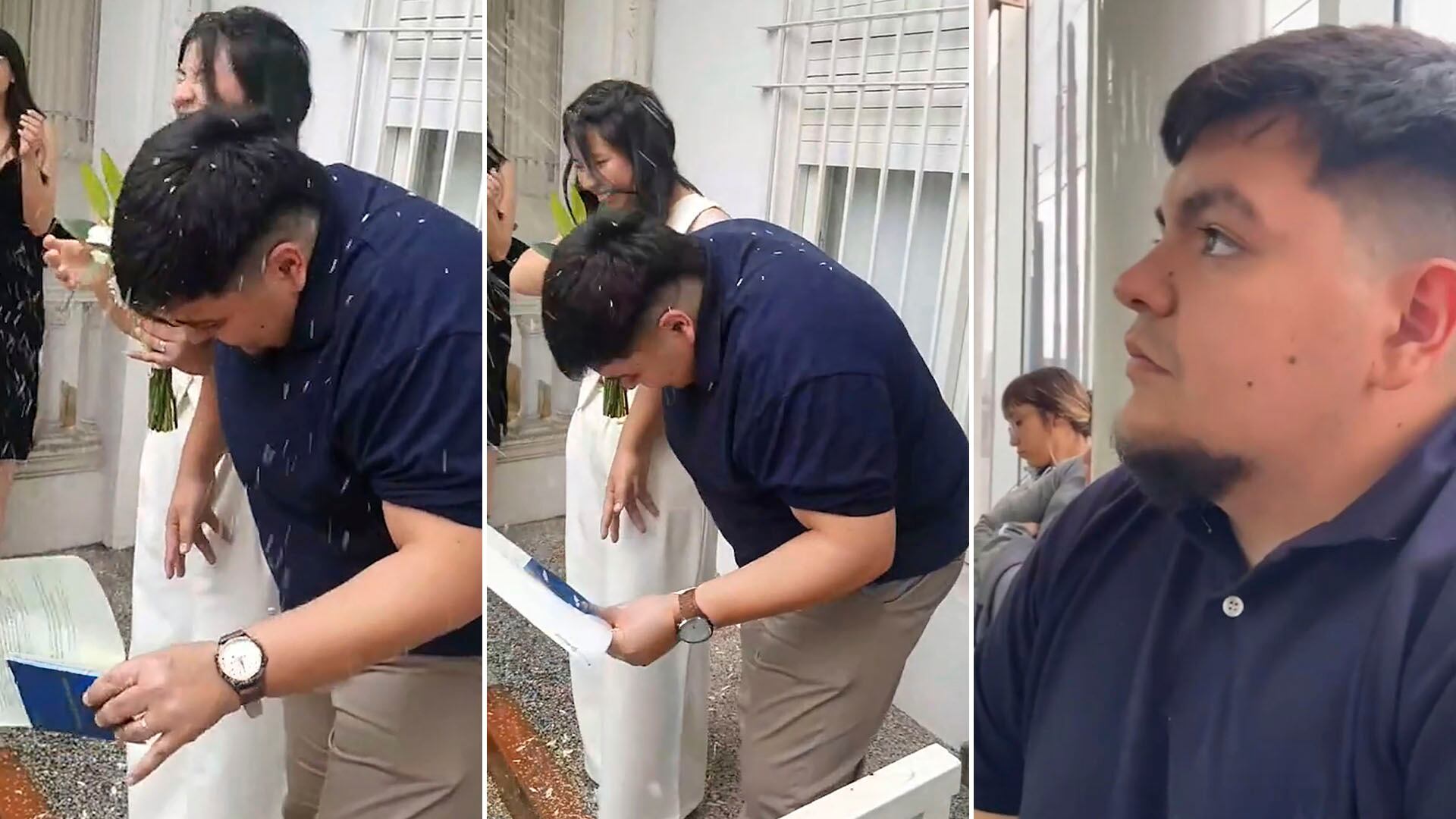 Un casamiento en Lomas de Zamora terminó en hospital tras un insólito incidente con el arroz durante la salida del registro civil (@cieloagostina1_)