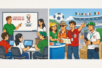 Ilustración de jóvenes en dos escenas: izquierda, capacitación con logo Gobierno de México y FIFA 2026; derecha, asistiendo a turistas en un estadio.