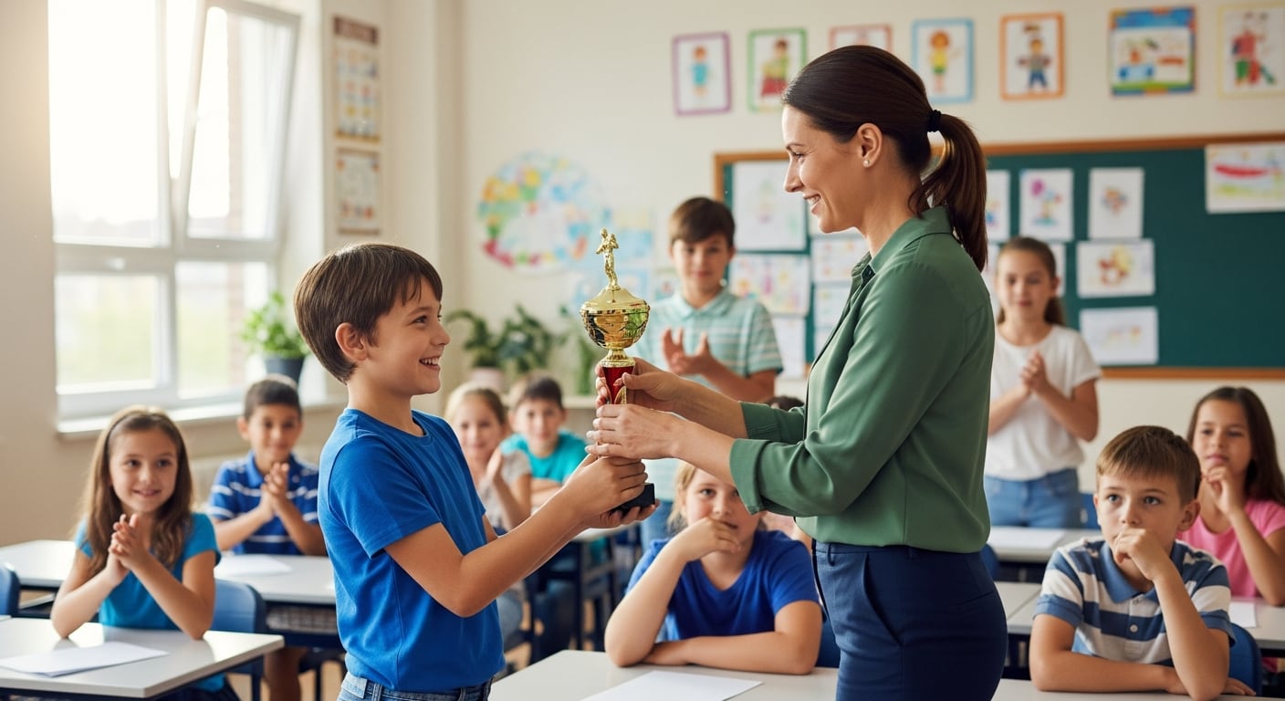 Una profesora entrega un trofeo a un alumno en reconocimiento a su desempeño académico, mientras sus compañeros aplauden en un ambiente escolar decorado con dibujos infantiles. El momento resalta la importancia de motivar y reconocer los logros educativos de los niños en la escuela. (Imagen Ilustrativa Infobae)