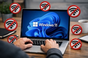 Primer plano de una persona escribiendo en un portátil con el logo de Windows 11 en pantalla, mientras iconos de 'sin Wi-Fi' flotan a su alrededor.