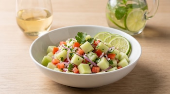 Bol blanco con ceviche de chayote, tomate, cebolla morada, cilantro y rodajas de lima. Vaso de vino y jarra de agua con lima y menta en el fondo sobre mesa de madera.
