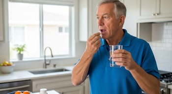 Hombre adulto mayor con camisa azul tomando una píldora blanca de suplemento con un vaso de agua en una cocina moderna y luminosa.
