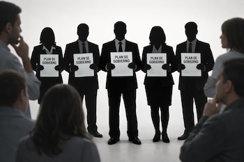 Cinco siluetas de personas, tres hombres y dos mujeres, de pie, sostienen documentos con "PLAN DE GOBIERNO". Un grupo de personas en primer plano las observa.