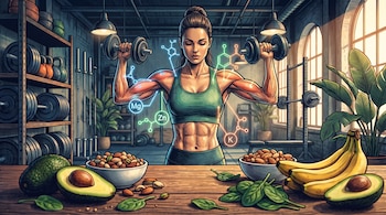Ilustración de una mujer levantando mancuernas en un gimnasio, con fórmulas químicas y alimentos como aguacates, plátanos y frutos secos.