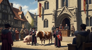 Una plaza de pueblo medieval con un tribunal de piedra gótico; un cerdo y una vaca son escoltados ante jueces, escribanos y aldeanos en una audiencia pública.