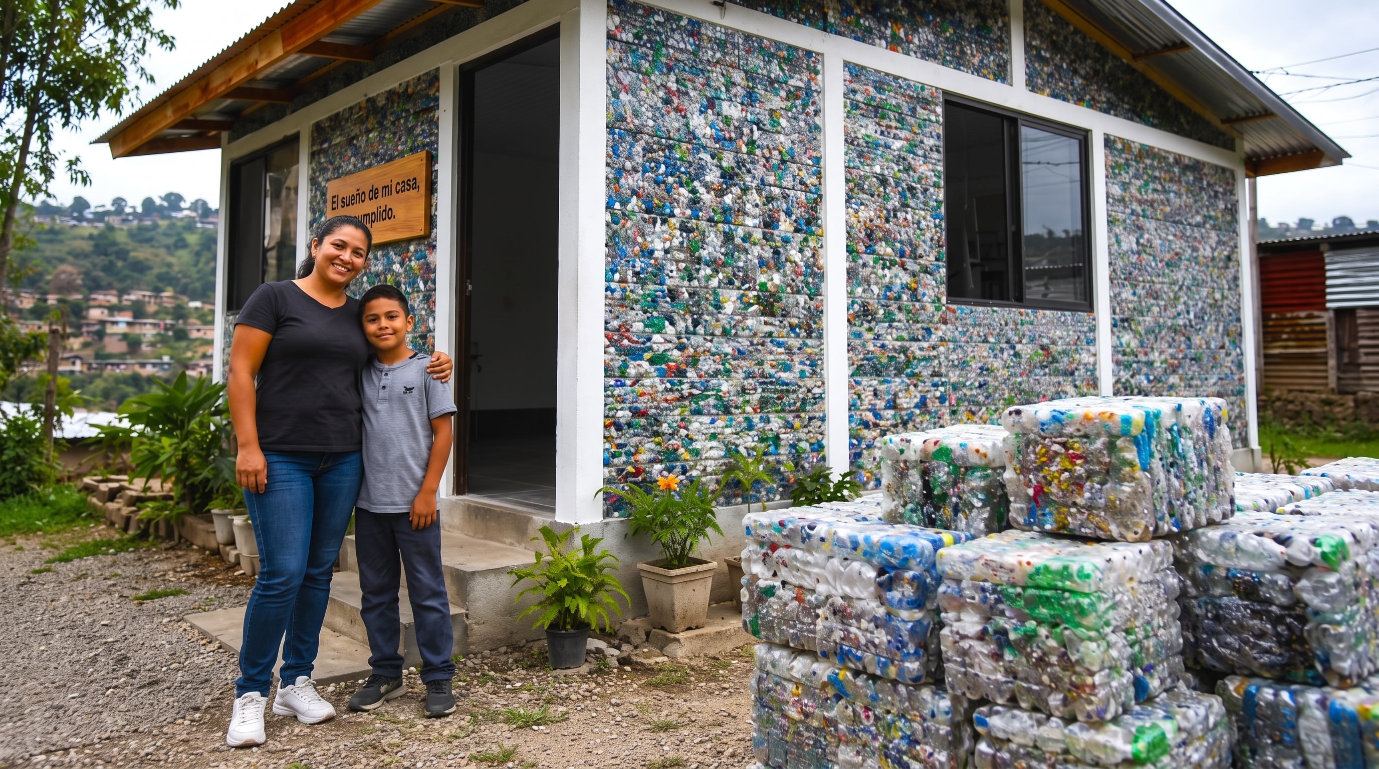 Una madre costarricense y su hijo posan junto a su vivienda construida con 850 bloques de plástico reciclado tras nueve años de ahorro. (Imagen Ilustrativa Infobae)