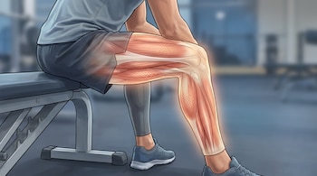 Ilustración de las piernas de una persona sentada en un banco de gimnasio, con los músculos del muslo y la pantorrilla al descubierto.