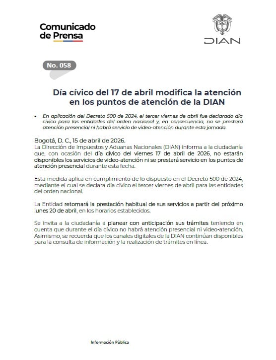 La Dian modificó sus horarios de atención para atender el día civico del 17 de abril - crédito Dian