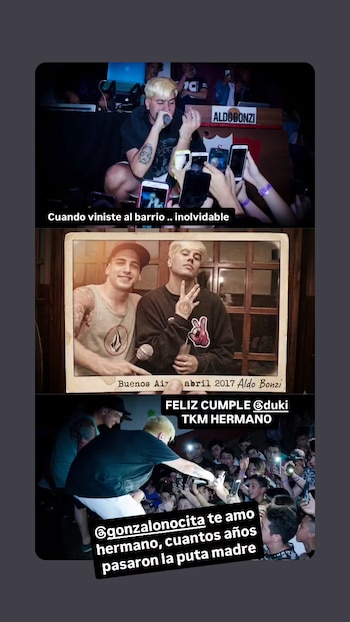 Collage de tres fotos. Duki actuando ante fans con móviles, Duki con un amigo en una foto de 2017, Duki saludando al público