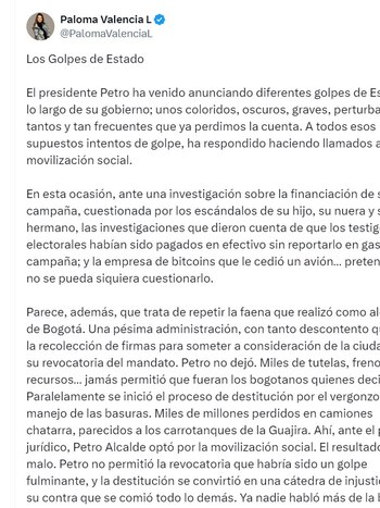 La congresista de oposición señaló que el presidente Petro estaría utilizando la misma estrategia que le sirvió durante su alcaldía de Bogotá en 2013 - crédito @PalomaValenciaL/X