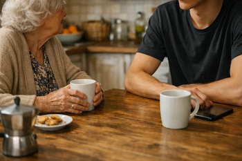 Dos personas, una mujer mayor y un hombre joven, sentadas frente a frente en una mesa de cocina de madera. Hay tazas de café, galletas y una cafetera moka.