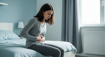 Joven mujer con ropa gris sentada en cama celeste y blanca, se toma el abdomen con ambas manos, rostro con expresión de dolor. Habitación con ventana lateral.