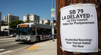 Un cartel blanco en un poste de madera anuncia el aplazamiento de la ley SB 79, con un autobús blanco en la calle y edificios altos al fondo.