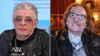 Díptico de dos músicos. A la izquierda, Juanse con gafas de sol, pelo gris y chaqueta de cuero. A la derecha, Charly García con gafas, bigote y pelo largo