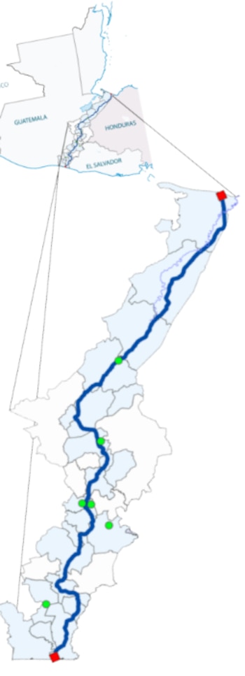 Mapa esquemático del recorrido del Corredor Interoceánico de Guatemala, que destaca la ruta terrestre propuesta para conectar el litoral atlántico con el pacífico a través del territorio guatemalteco.