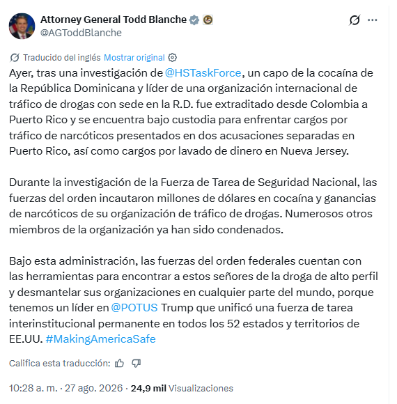 Todd Blanche sostuvo que, durante la pesquisa, las fuerzas del orden encontraron millones de dólares en cocaína y ganancias de narcóticos vinculadas a la red investigada - crédito @AGToddBlanche/X