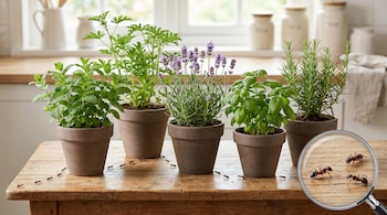 Cinco plantas aromáticas en macetas sobre una mesa de madera. Se ven hormigas dispersas y una lupa en primer plano con hormigas ampliadas.