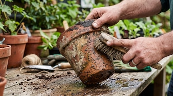 Unas manos sostienen una maceta de barro y retiran la tierra adherida con un cepillo de madera sobre una mesa con plantas.